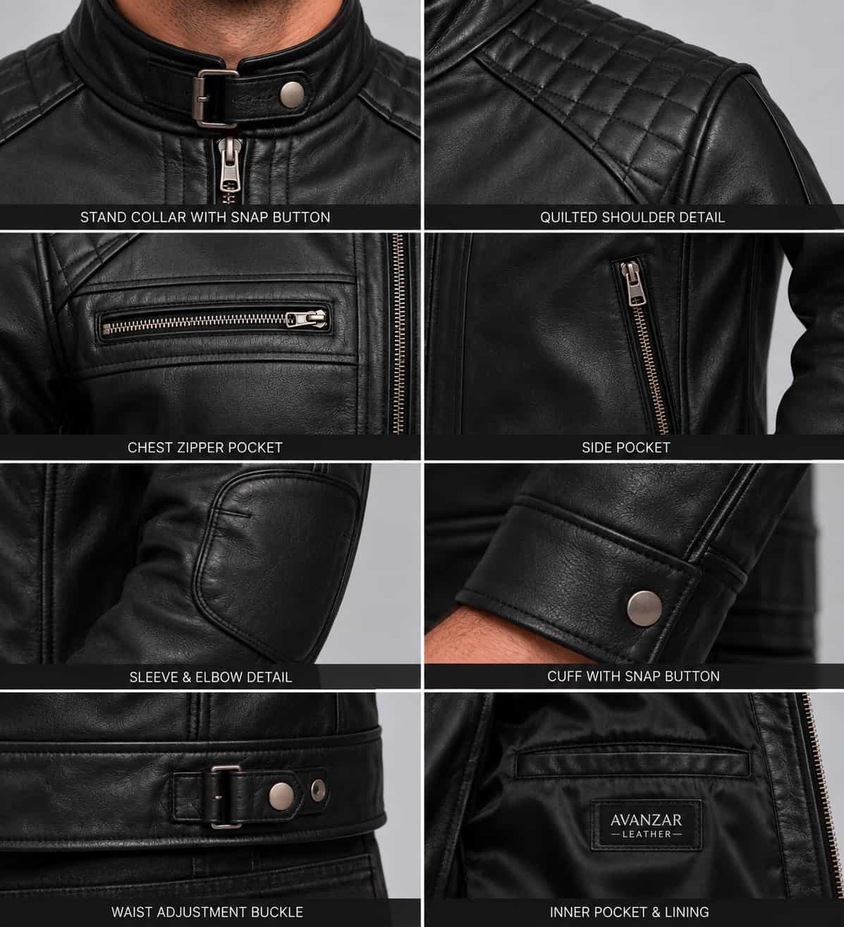 Close up of men’s black genuine leather biker jacket showing quilted shoulder texture, premium leather finish, zipper and stitching details