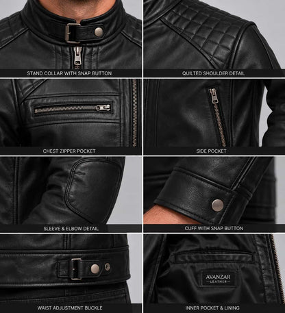 Close up of men’s black genuine leather biker jacket showing quilted shoulder texture, premium leather finish, zipper and stitching details