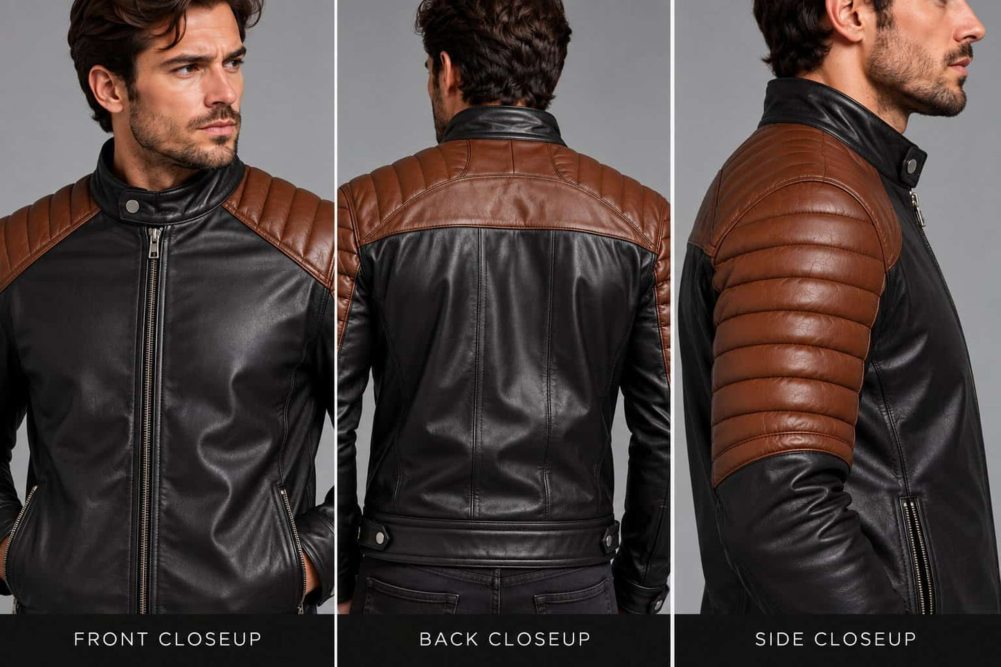 Close up of men's black leather biker jacket showing brown quilted shoulder panels, zipper and stitching details