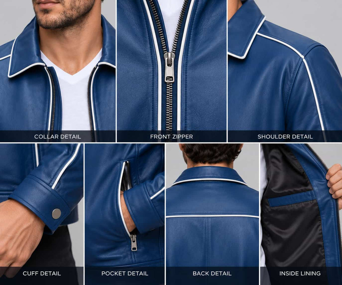 Close up of men’s blue genuine leather varsity bomber jacket showing premium leather texture, button closure, ribbed collar and stitching details