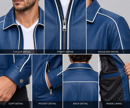 Close up of men’s blue genuine leather varsity bomber jacket showing premium leather texture, button closure, ribbed collar and stitching details
