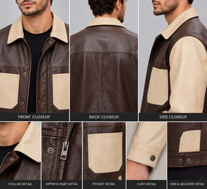 Close up of men’s brown and beige lambskin leather trucker jacket showing soft lambskin texture, contrasting panels, buttons and stitching details