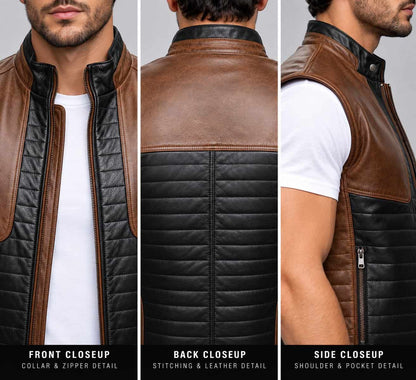 Close up of men’s brown and black genuine leather two tone biker vest showing premium leather texture, contrasting panels, buttons and stitching details