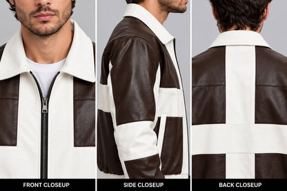 Close up of men’s brown and cream genuine lambskin leather bomber jacket showing soft lambskin texture, color block panels, zipper and stitching details