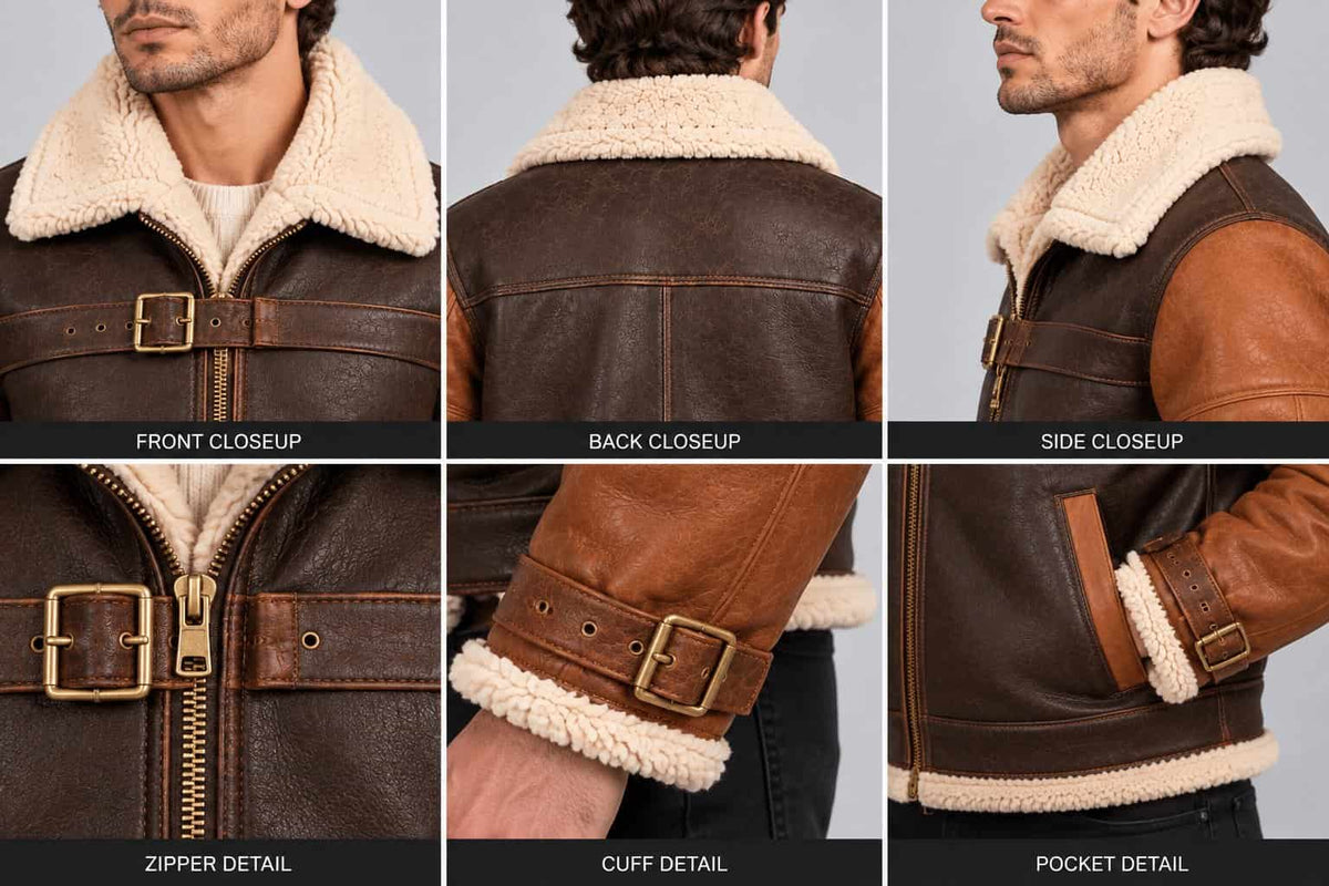 Close up of men’s brown genuine sheepskin leather aviator bomber jacket showing soft leather texture, shearling collar, zipper and stitching details