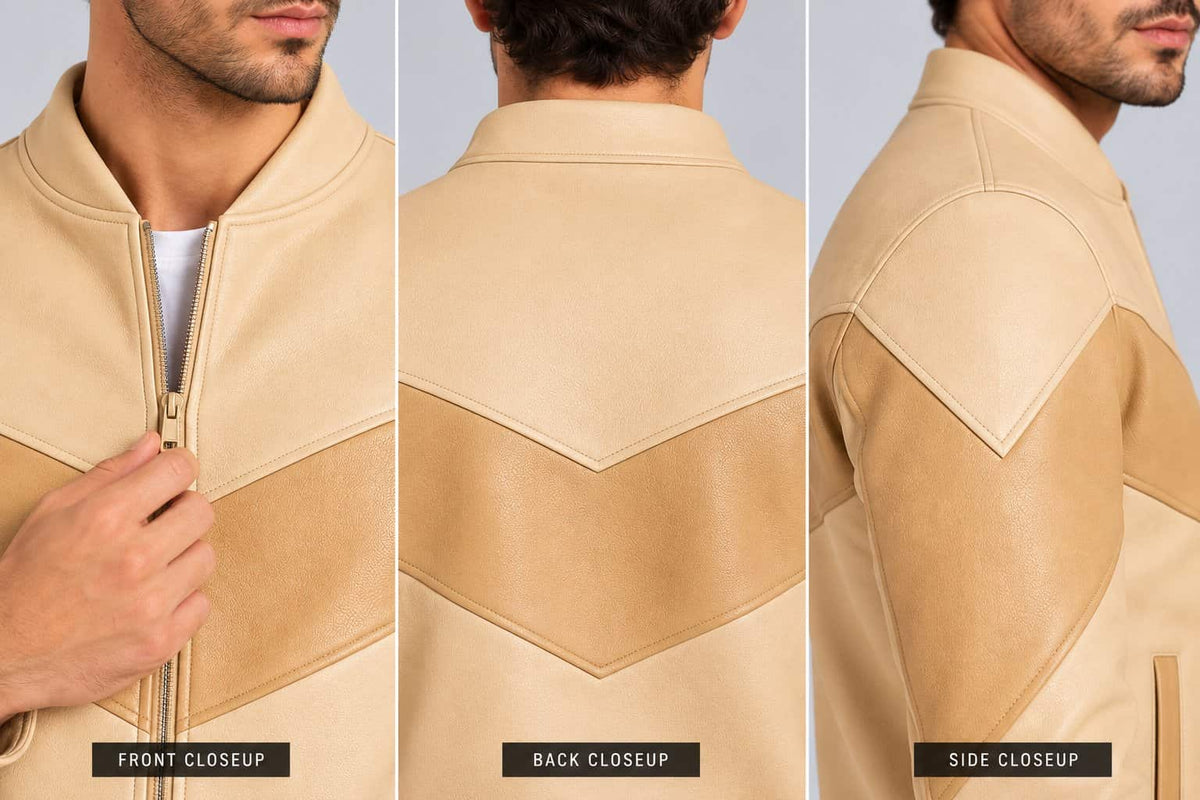 Close up of men’s genuine leather bomber jacket showing premium leather texture, ribbed collar, stitching and zipper details