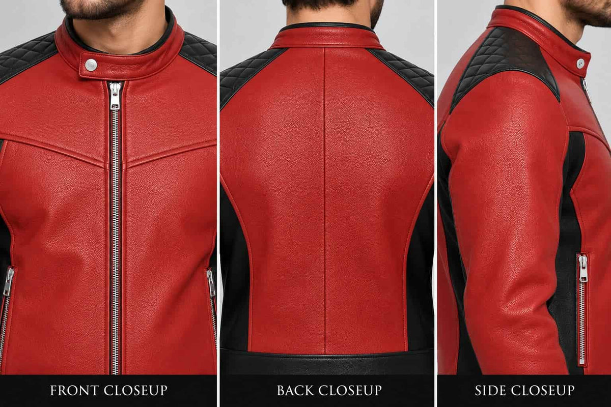 Close up of men’s genuine leather cafe racer biker jacket showing premium leather texture, stand collar, zipper and stitching details