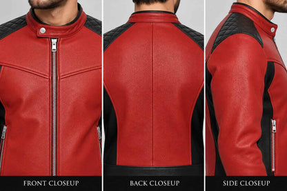 Close up of men’s genuine leather cafe racer biker jacket showing premium leather texture, stand collar, zipper and stitching details