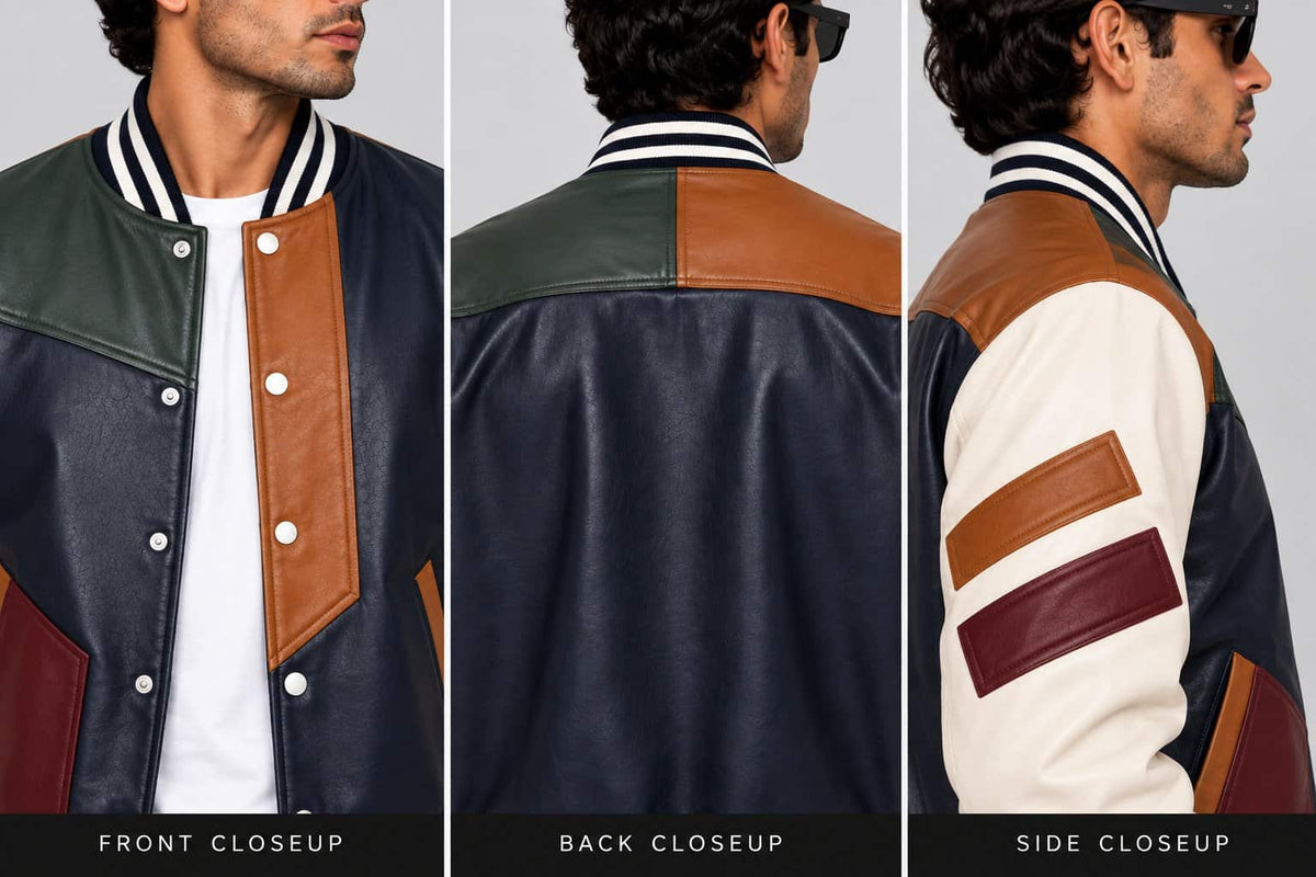 Close up of men’s genuine leather varsity jacket showing premium leather texture, ribbed collar, button closure and stitching details