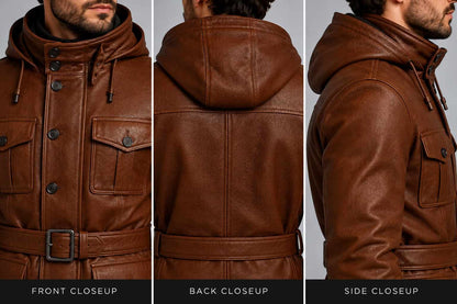 Close up of men’s genuine sheepskin leather motorcycle jacket showing soft leather texture, hood, zipper and stitching details