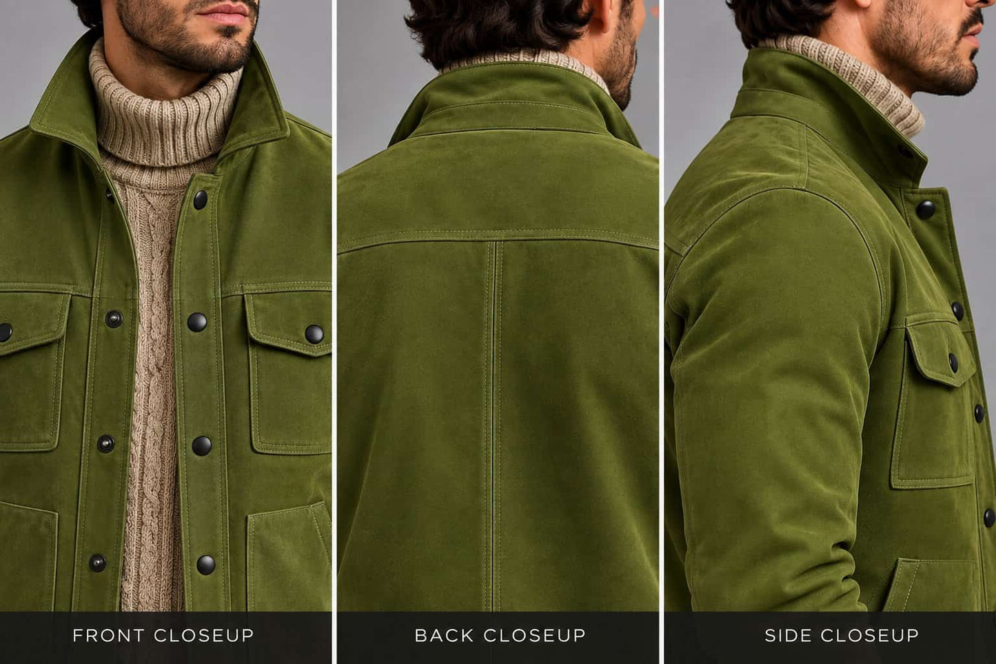 Close up of men’s green genuine suede leather biker jacket showing soft suede texture, buttons, stitching and pocket details