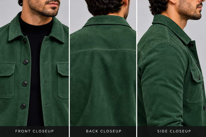 Close up of men's green suede leather jacket showing soft suede texture, button closure and chest pocket details