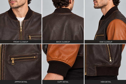 Close up of two tone genuine leather oversized bomber jacket showing premium leather texture, contrast sleeves, zipper and stitching details