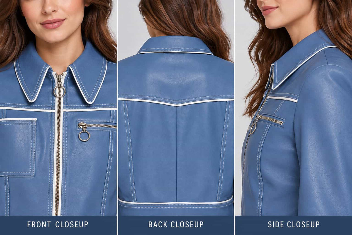 Close up of women’s dusty blue vintage lambskin leather biker jacket showing soft lambskin texture, zipper, stitching and vintage details
