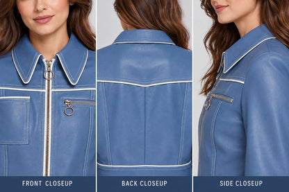 Close up of women’s dusty blue vintage lambskin leather biker jacket showing soft lambskin texture, zipper, stitching and vintage details