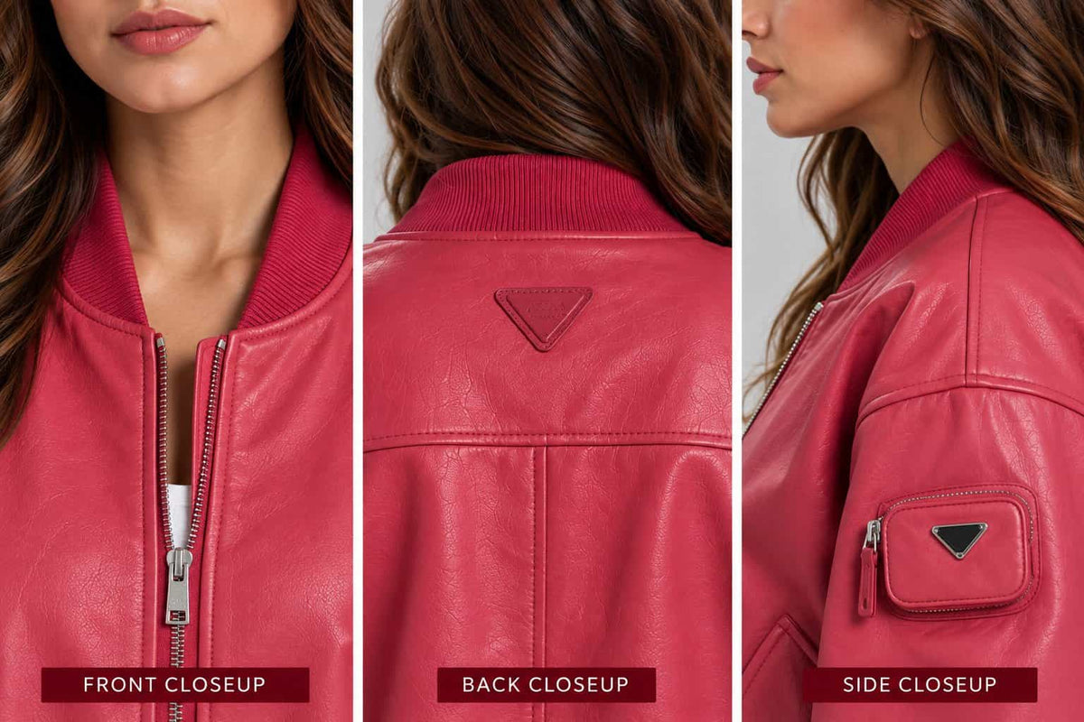 Close up of women’s pink genuine leather oversized bomber jacket showing premium leather texture, ribbed collar, zipper and stitching details