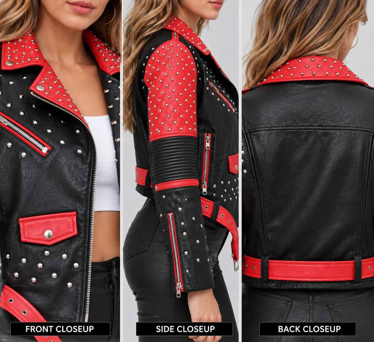 Close up of women’s red and black studded genuine leather biker jacket showing premium leather texture, metal studs, zipper and stitching details