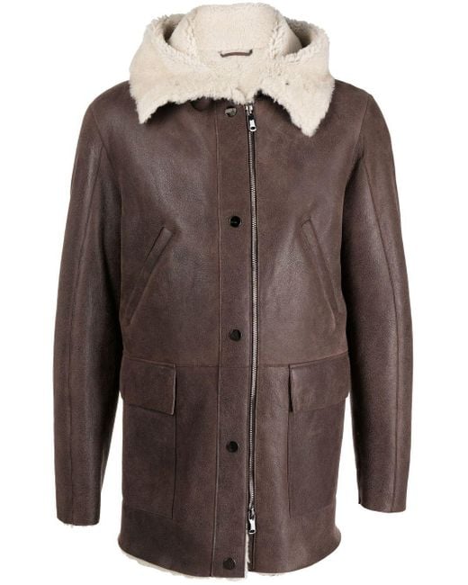 Men's Brown Sheepskin Leather Jacket with Hood