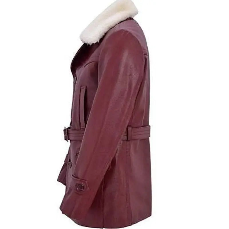 Elegant Dark Red Fur Collar Leather Coat  Avanzar Leather