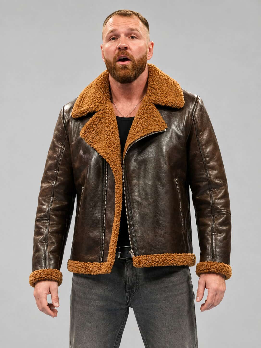 Dean Ambrose WWE Shearling Jacket - Classic Wrestler Style front view by avanzar leather