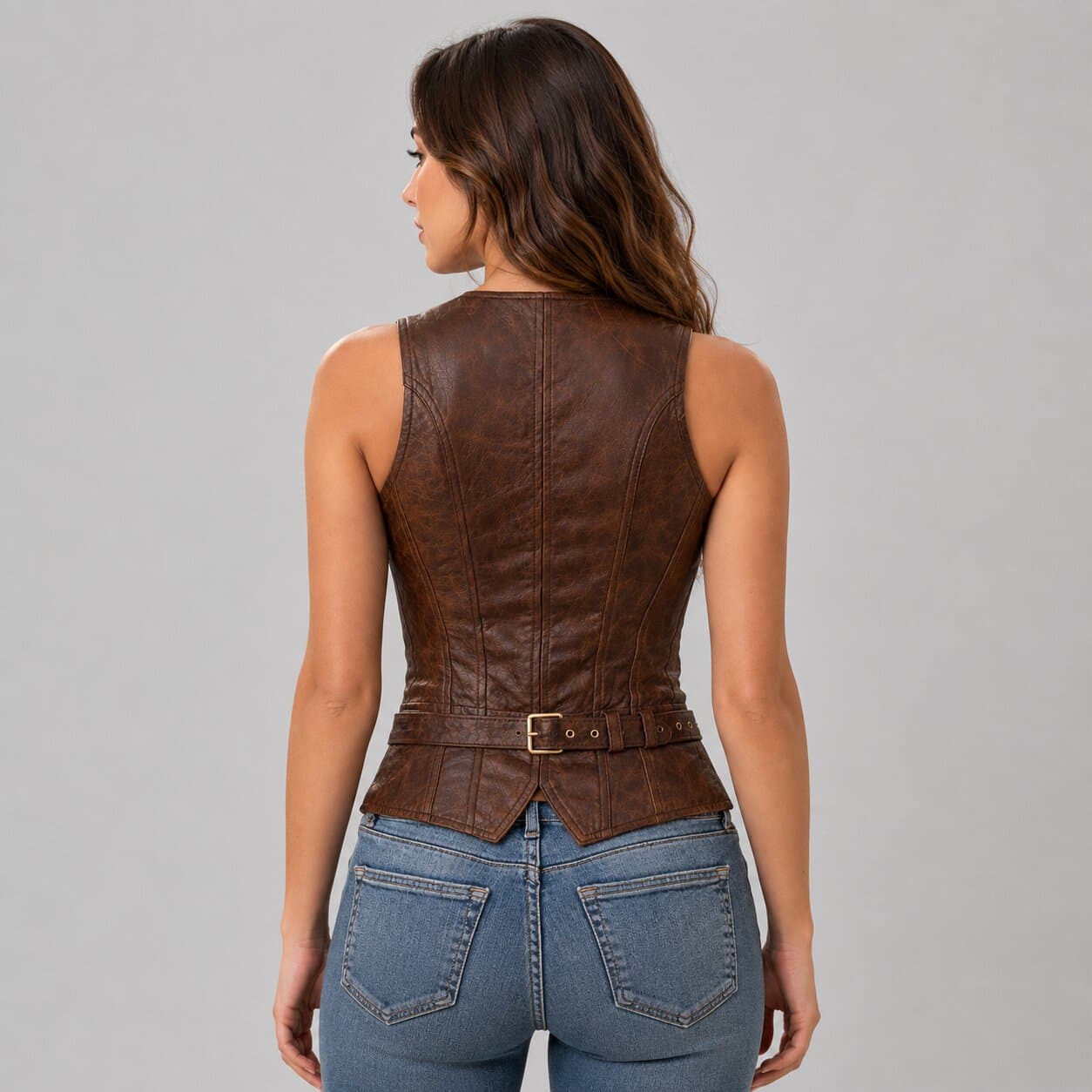 Define Your Style With A Women Brown Leather Corset Vest back view by avanzar leather