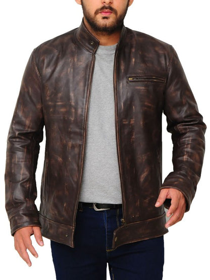 Premium Avanzar Distressed Brown Snap Tab Leather Jacket