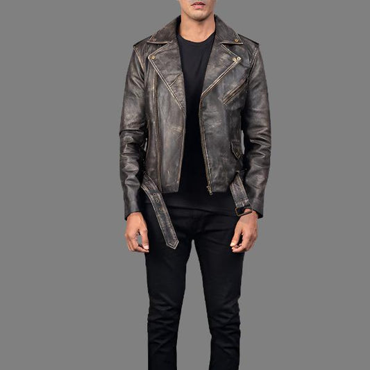 Distressed Brown Leather Biker Jacket