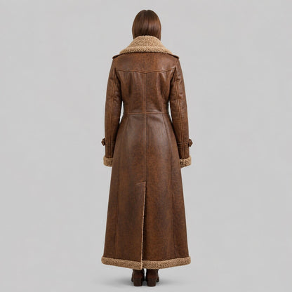 Back view of long distressed leather winter coat by avanzar leather