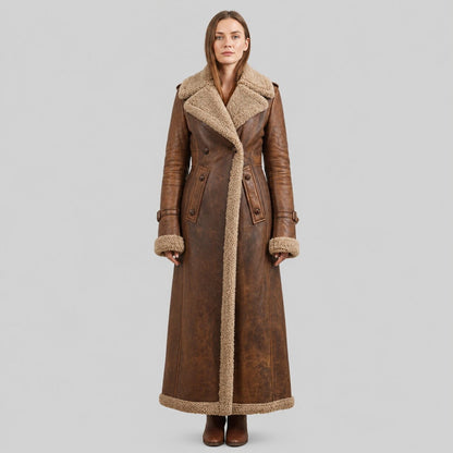 Front view of distressed brown leather shearling trench coat by avanzar leather