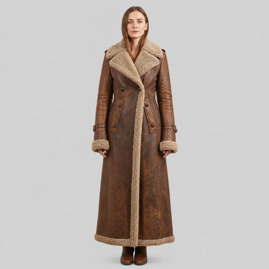 Front view of distressed brown leather shearling trench coat by avanzar leather