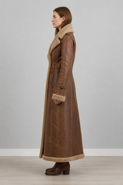 Side profile of genuine shearling-lined leather trench coat by avanzar leather