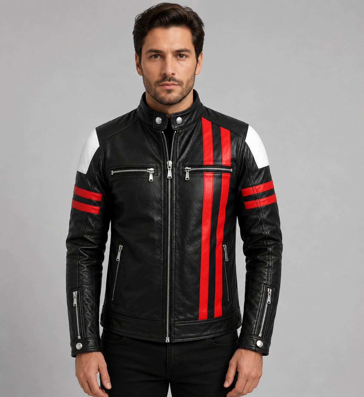 Dominate Every Ride With A Men Black Cafe Racer Leather Jacket front view by avanzar  leather
