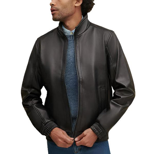 Elasticated Self-Band Leather Bomber Jacket