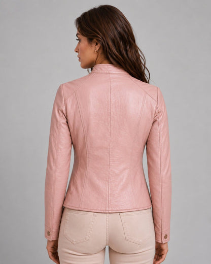 Elevate Everyday Fashion With A Women Pink Leather Jacket back view by avanzar leather