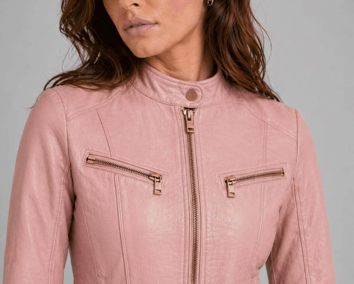 Elevate Everyday Fashion With A Women Pink Leather Jacket front view cloesup by avanzar leather