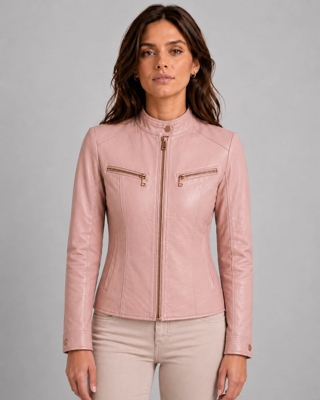 Elevate Everyday Fashion With A Women Pink Leather Jacket front view by avanzar leather