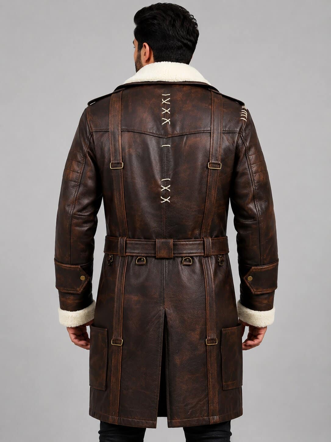 Back view of Fallout-inspired military leather duster coat by avanzar leather.