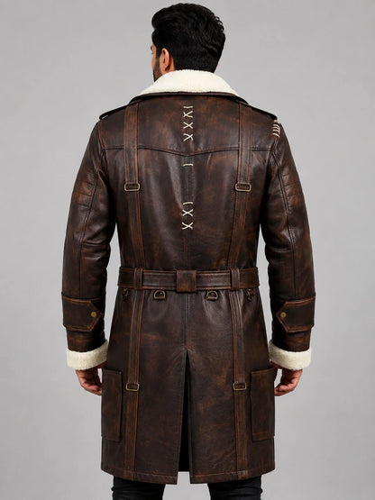 Back view of Fallout-inspired military leather duster coat by avanzar leather.