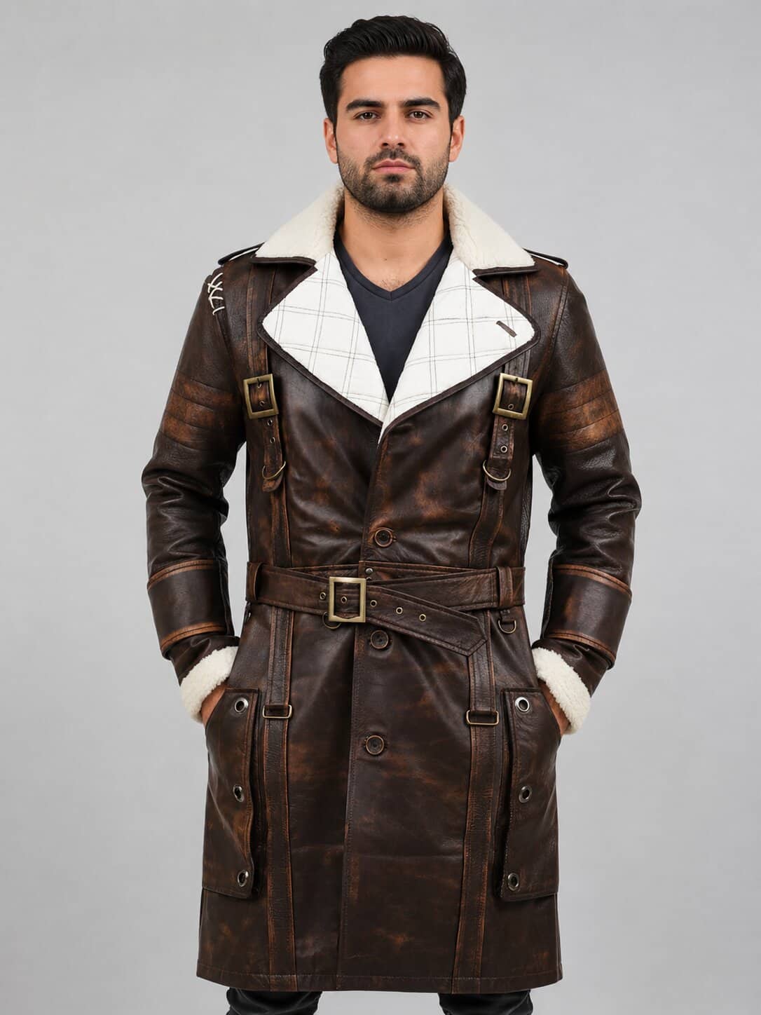 Front view of Fallout 4 Elder Maxson distressed leather battlecoat by avanzar leather.