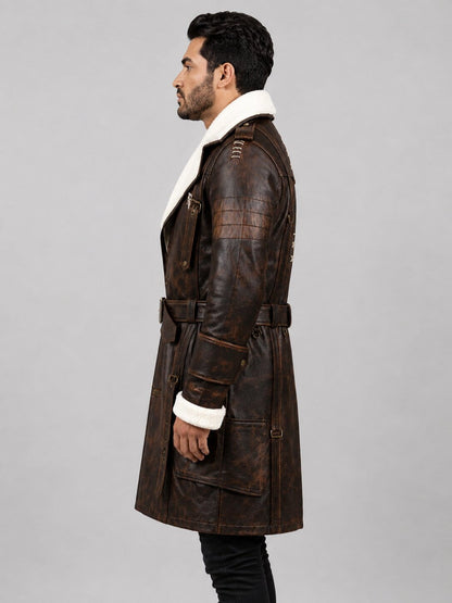 Side profile of Elder Maxson cosplay leather battlecoat by avanzar leather.