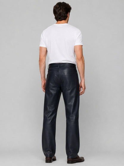Formal Navy Blue Leather Trousers for Men - Elegant Style back view by avanzar leather