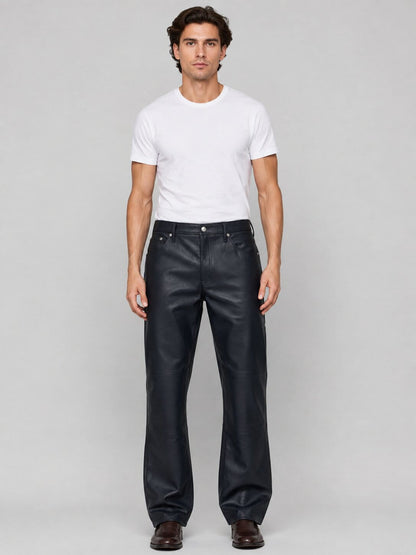 Formal Navy Blue Leather Trousers for Men - Elegant Style front view by avanzar leather