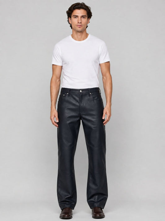 Formal Navy Blue Leather Trousers for Men - Elegant Style front view by avanzar leather