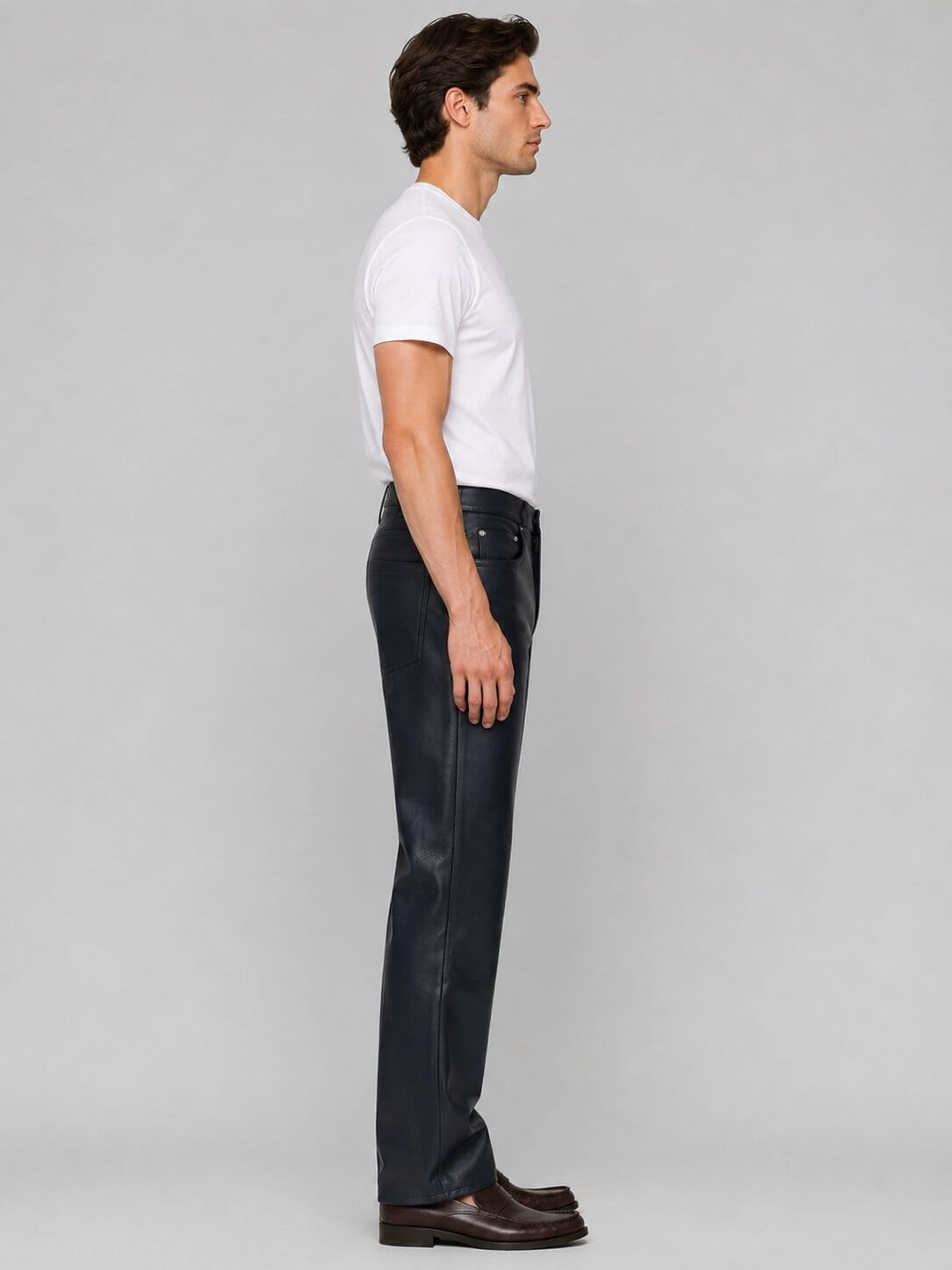Formal Navy Blue Leather Trousers for Men - Elegant Style sid view by avanzar leather