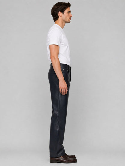 Formal Navy Blue Leather Trousers for Men - Elegant Style sid view by avanzar leather