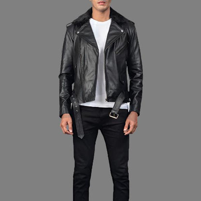 Furton Black Biker Leather Jacket