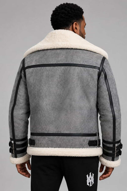 Genuine Shearling Aviator B3 Sheepskin Leather Bomber Jacket for Men back view by avanzar leather