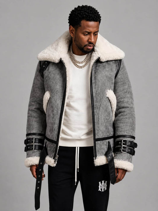 Genuine Shearling Aviator B3 Sheepskin Leather Bomber Jacket for Men front view by avanzar leather