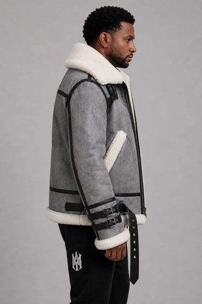 Genuine Shearling Aviator B3 Sheepskin Leather Bomber Jacket for Men sid view by avanzar leather