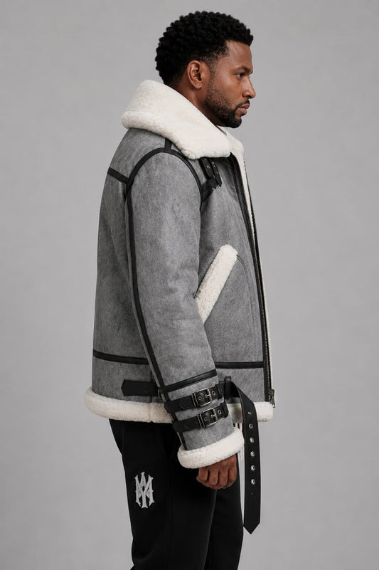 Genuine Shearling Aviator B3 Sheepskin Leather Bomber Jacket for Men sid view by avanzar leather